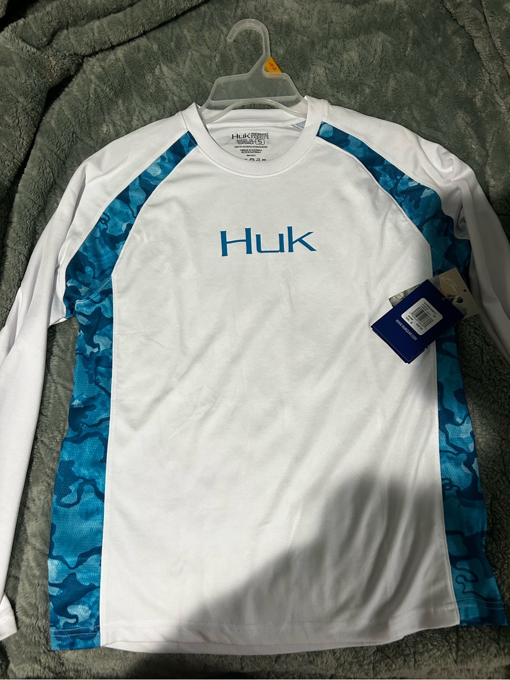 Huk White Shirt with Teal Blue Camo Accents